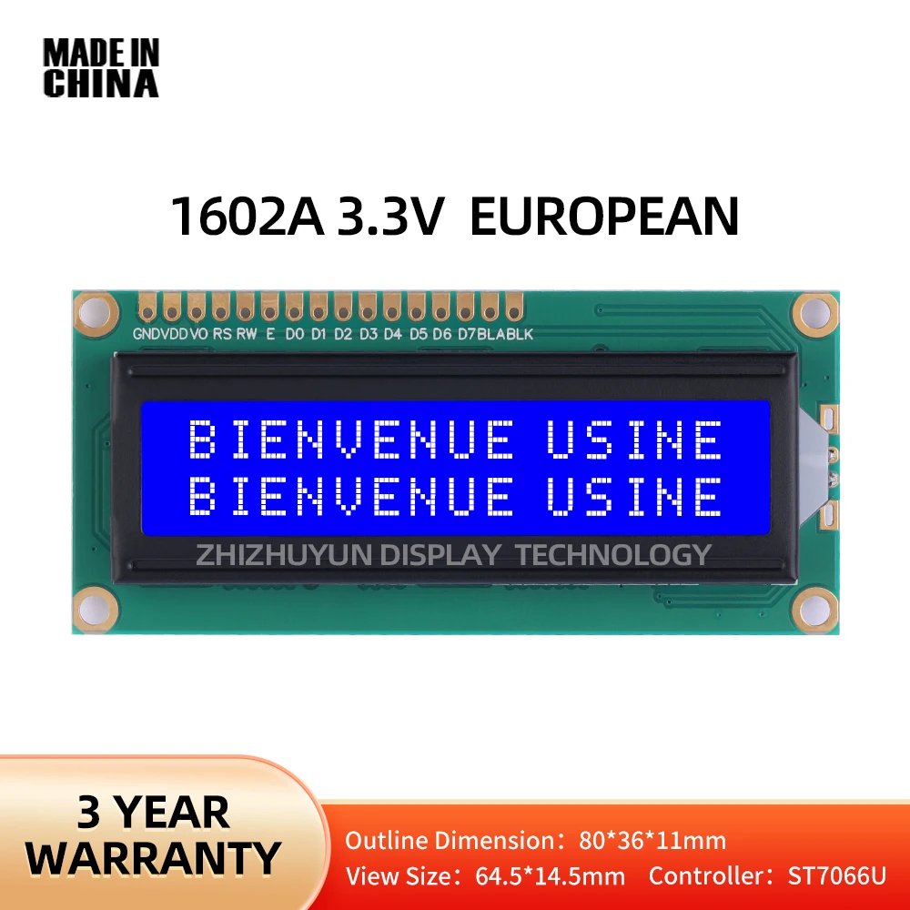 Ecrã LCD europeu, personagem de matriz de pontos, filme azul, controlador de alto brilho, ST7066U, LCD1602A, 3.3V, 16X2