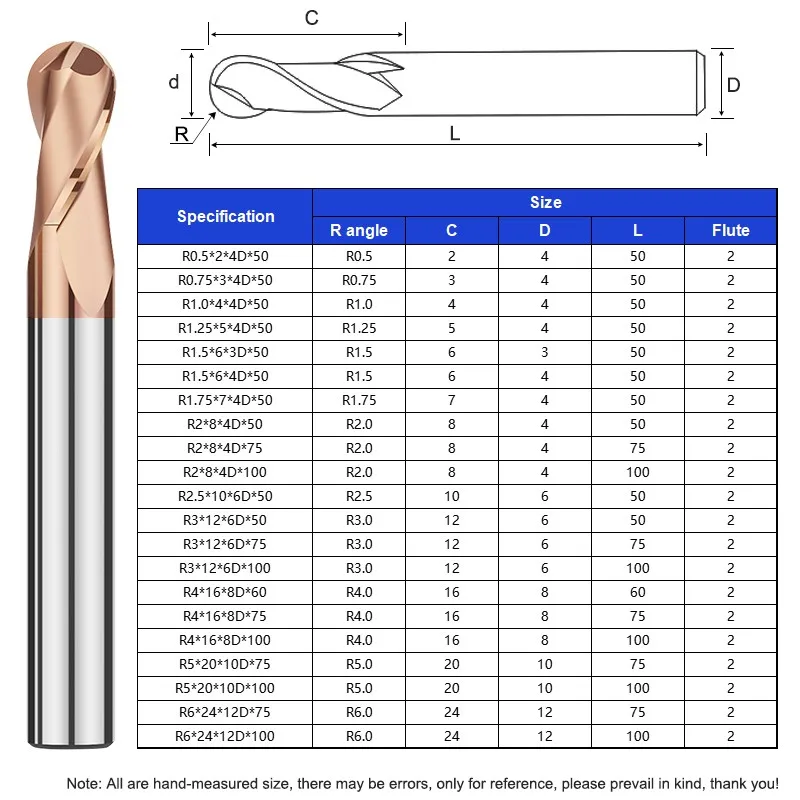 YIFINO HRC55 2-Flute Milling Cutter Tungsten Steel Carbide Ball Nose End Mill For CNC Mechanical Metals Machining Endmills Tools