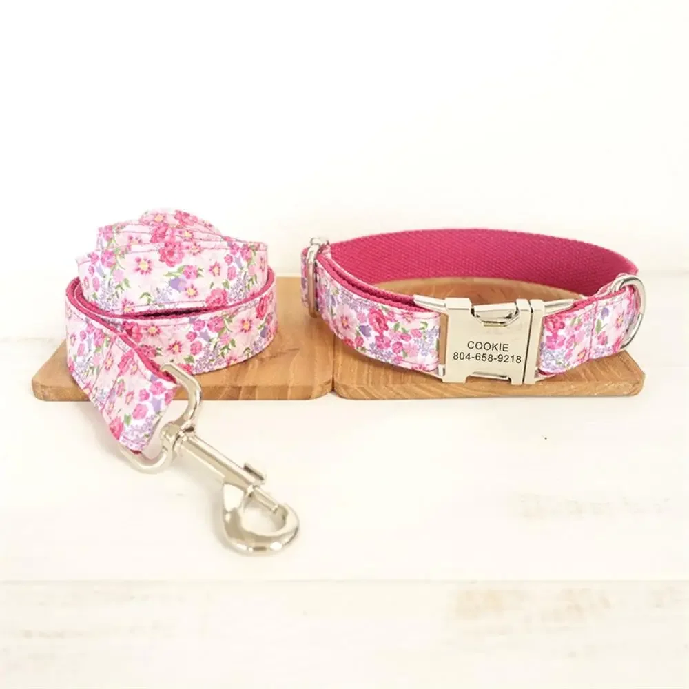 Personalized Pet Collar Customized Nameplate ID Tag Adjustable Pink Flower Cat Dog Collars Lead Leash