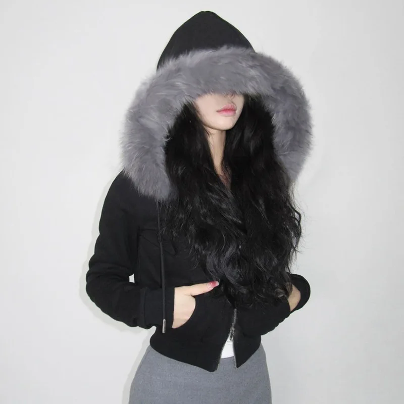 Vintage Black Fur Collar Hooded Cardigan 2024 Autumn New Sweatshirt for Women Y2k Slim Fit All-match Zipper Tops Mujer