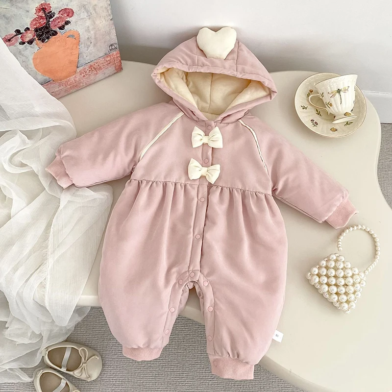 

2025 New Winter 0-24M Baby Girl Thicken Warm Clothing Infant Baby Girls Hooded Jumpsuit Toddler Baby Girl Thicken Warm Romper