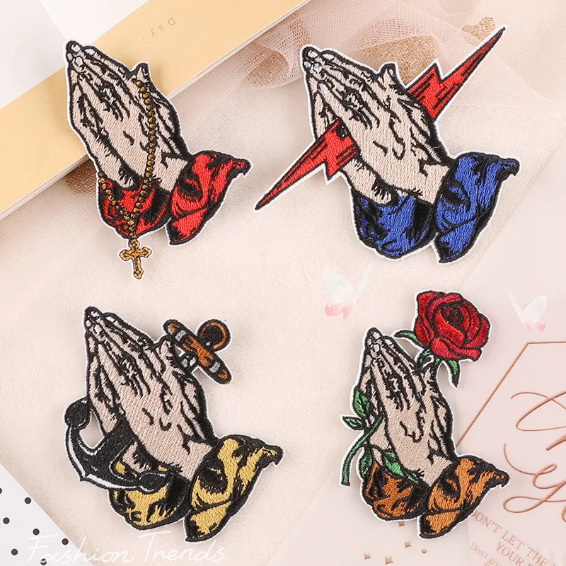 

Creative Hand Hold Roses Cross Lightining Iron-on Sew Embroidery Badge Patches DIY T-shirt Backpack Clothing Appliques Sticker