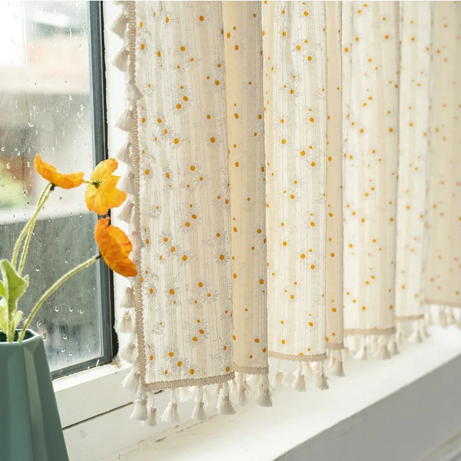 Hairball Tassels Short Curtains Small Fresh Daisy Floral Embroidery Curtian for Kitchen Window Dining Door Partition Decoration