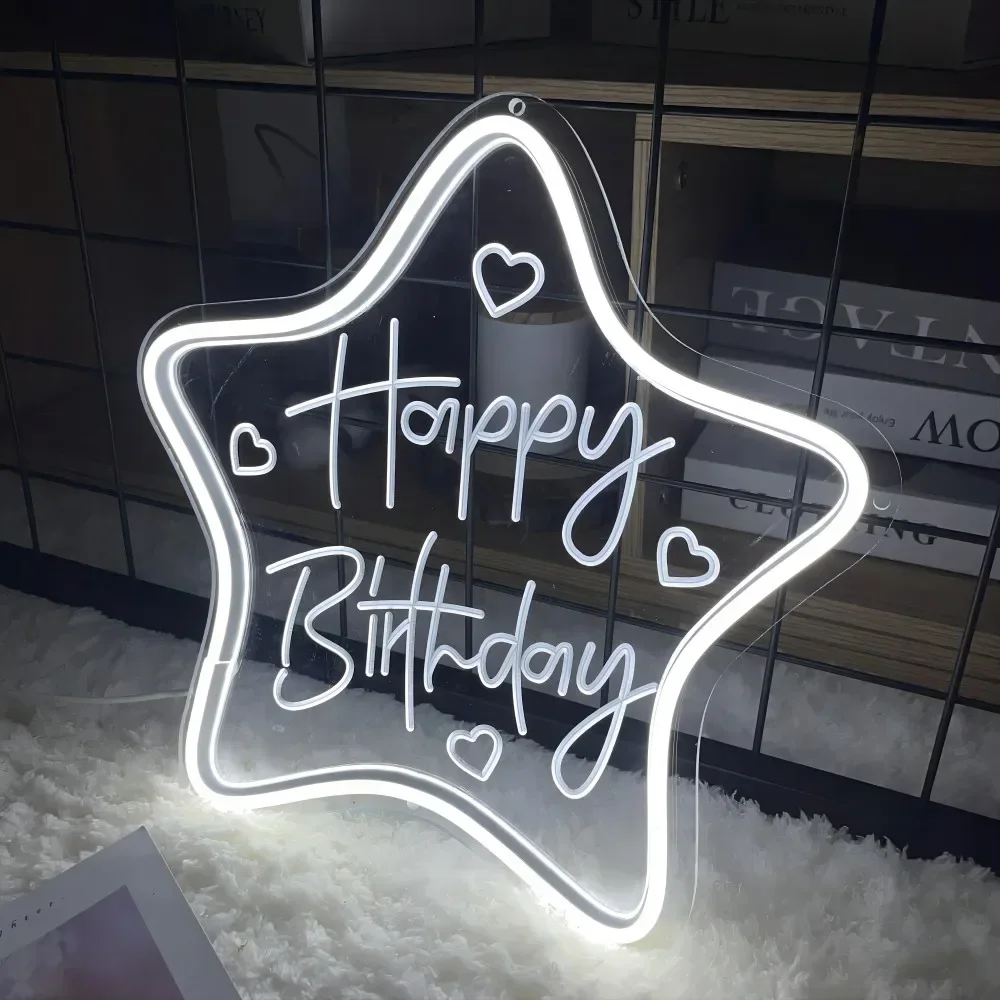 Enseigne au néon personnalisée Happy Birthday Star, lumières LED personnalisées sculptées, accessoires de fête de naissance, décoration murale, support