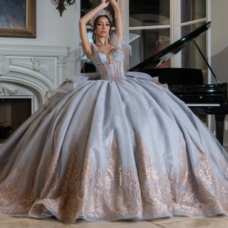 Silver Gray Quinceanera Dress off-shoulder Glitter Decal Lace Layering Long tail Bow vestidos de 15 Quinceanera Customize