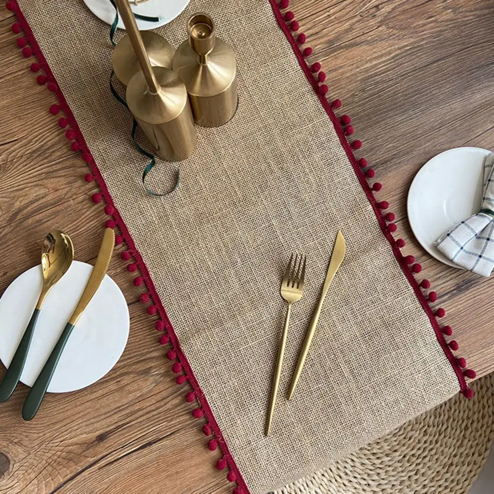 Heat Resistant Table Runner Linen Table Runner Boho Style Party Table Runner with Small Plush Ball Decor Stain-proof for Prom