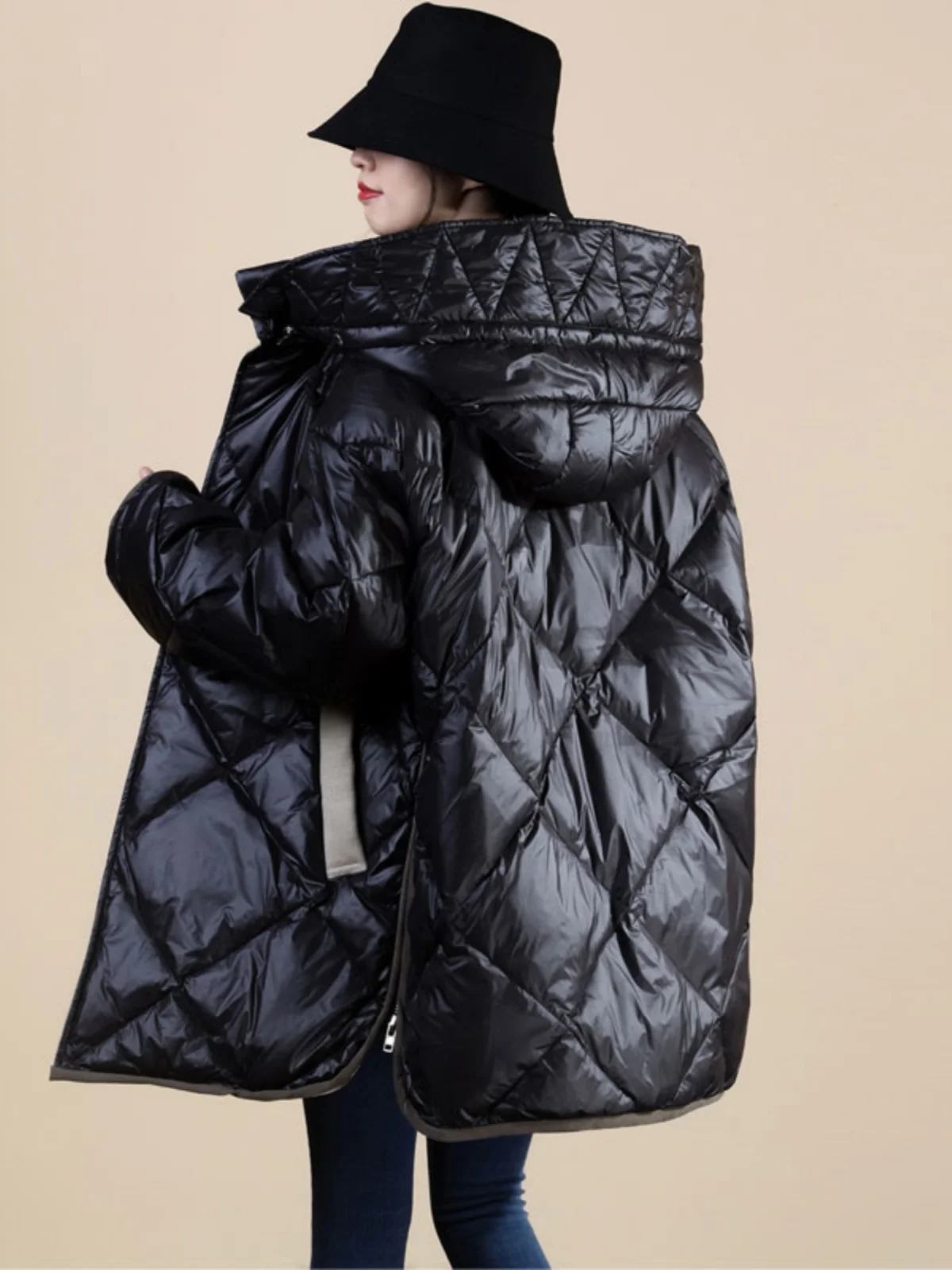 

Thiened Diamond Pattern Patchwork down Jaet Women's Faionable Winter Coat Warm Commute Sle Korean Version Straight Cut