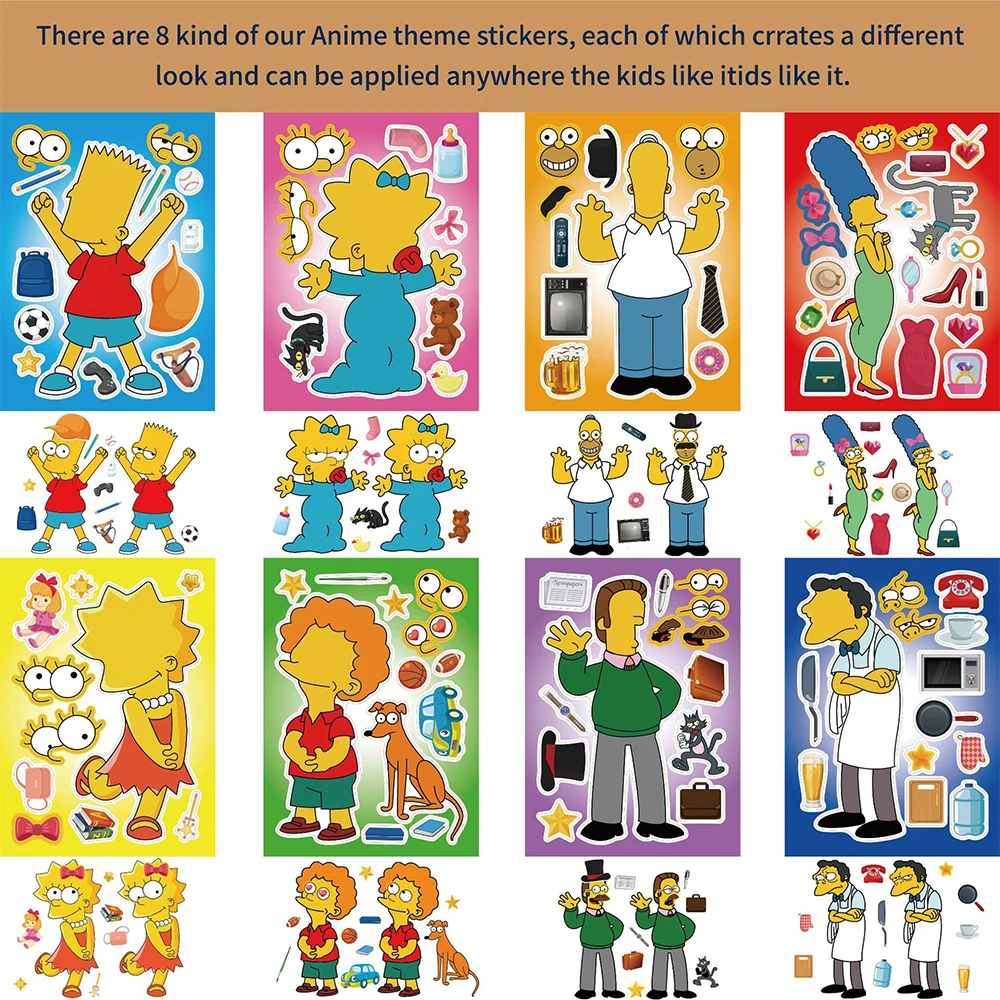 8/16sheets The Simpsons Cartoon Anime Puzzle Stickers Make a Face Children DIY Funny Assemble Jigsaw Decals Kids Educational Toy