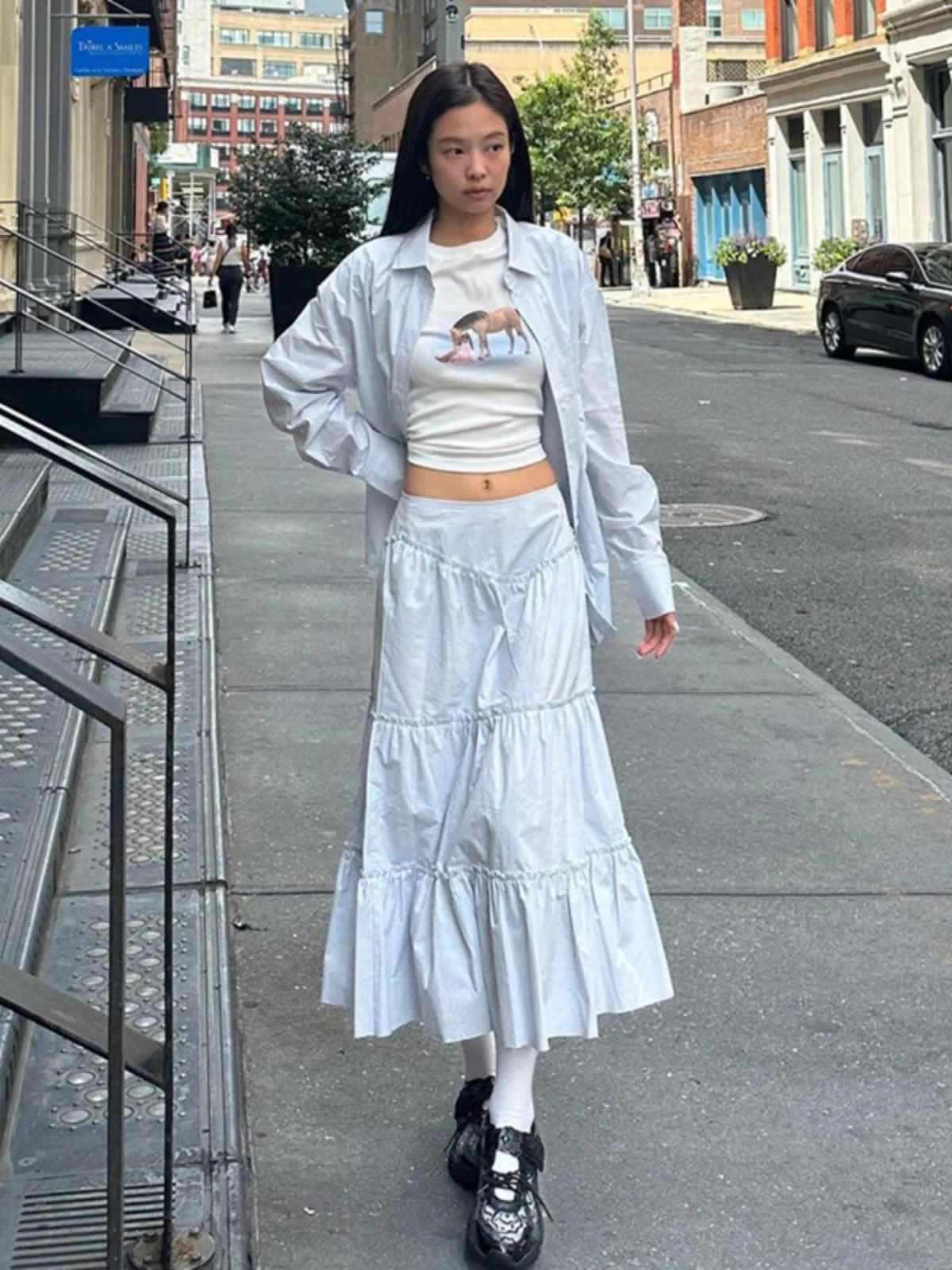 Jennie Light Blue Pleated A-Line  Skirt Sweet Lace Trim Summer Women's Ins High Waist Long Skirt Street Sle Casual Loos...