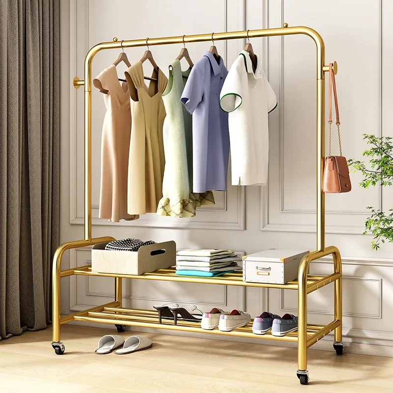 Metal Secagem Wheels Rack para Roupas, Boutique Gold Floor, Minimalista e Estética