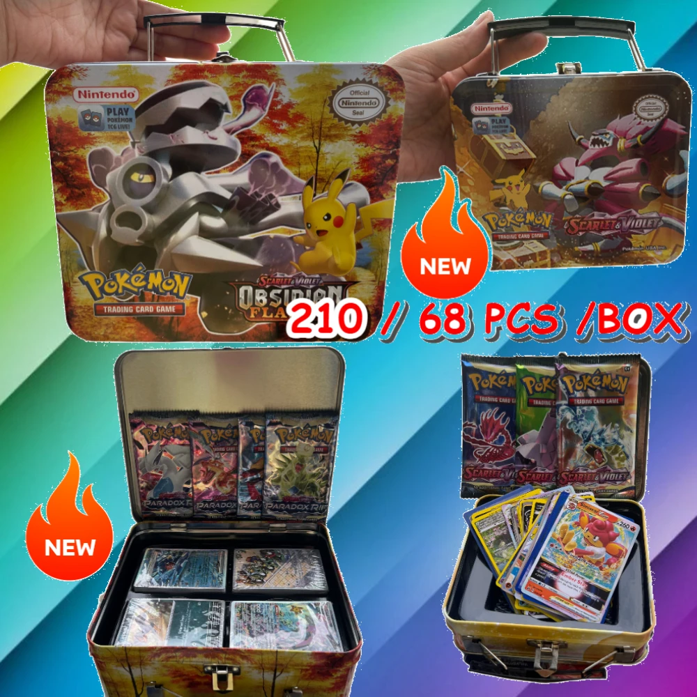 

68/210 шт. металлическая коробка, железные боевые игрушки с покемонами, коробка с покронями с игрой Пикачу, аниме, банковские карты для детей V VMAXSTAR