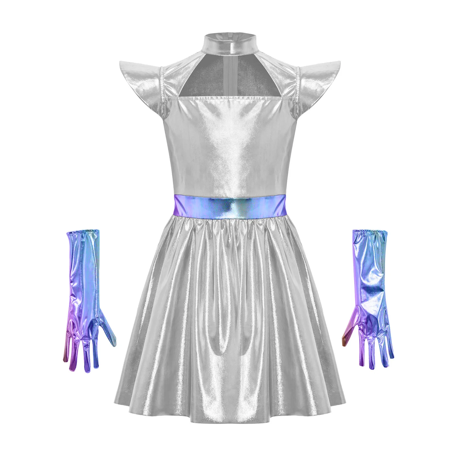 Kids Girls Alien Cosplay Costume Hollow Out Flying Sleeve Metallic A Line Dress with Gloves for Halloween Robot Outerspace Party view 3