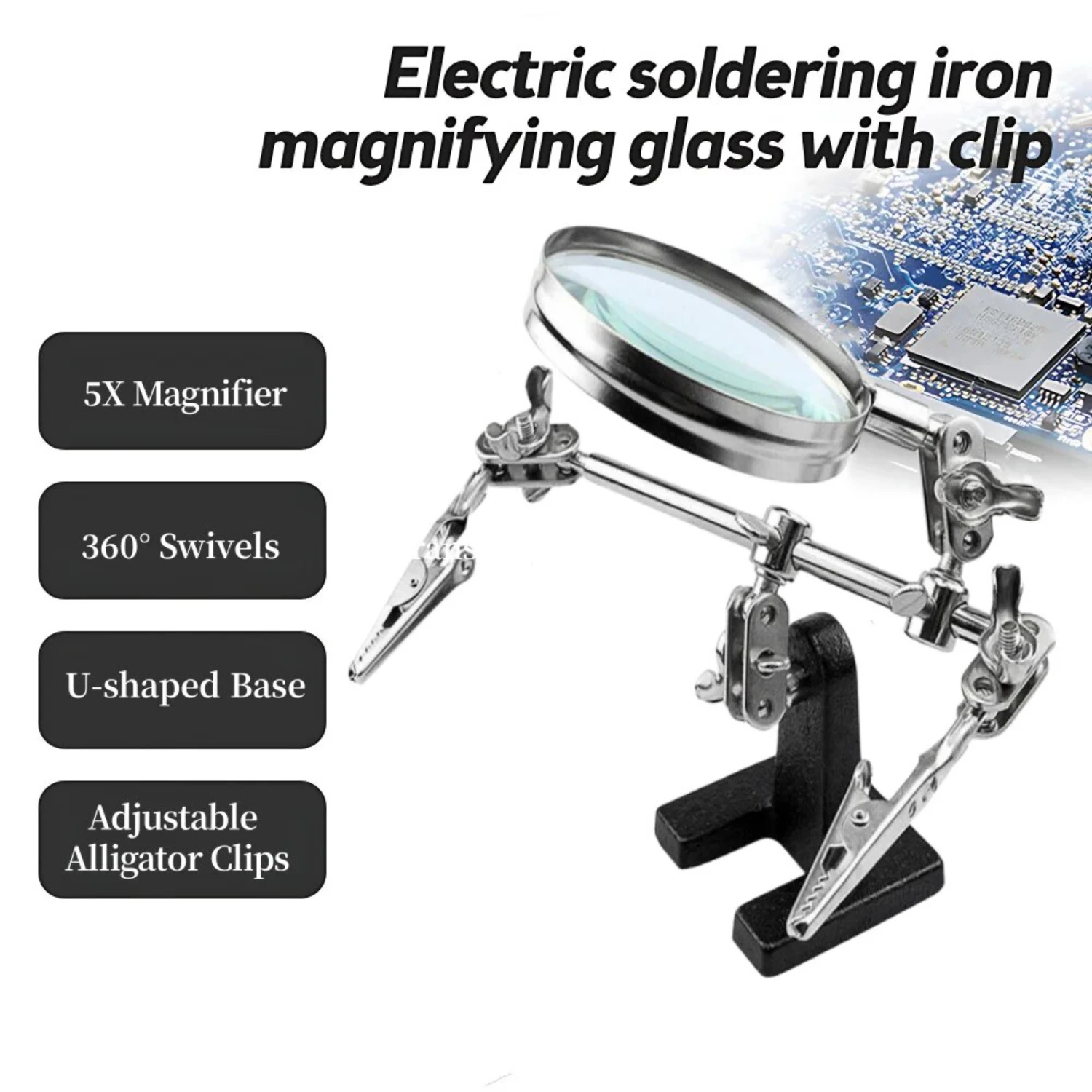 Adjustable 5X Desktop Loupe Magnifier with Welding Auxiliary Clip, Convenient Tool for Circuit Board Repair, Durable Welding Iro