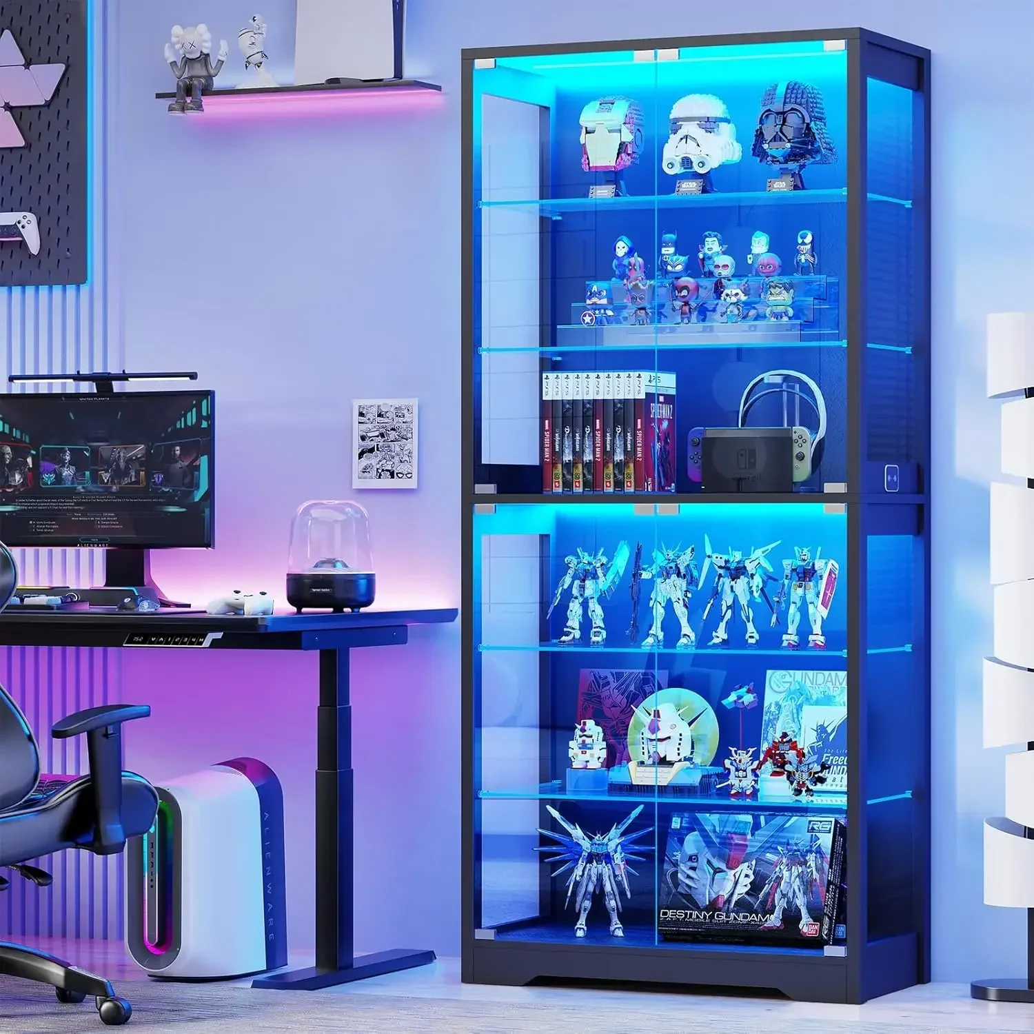 Display Cabinet with Glass Door 6 Tier 71 Curio Cabinet with 3 Color Lights for Collectibles Display Case with Adjustable