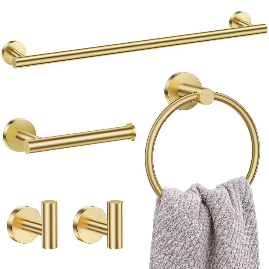 

5 Pieces Brushed Gold Bathroom Accessories Set, 23.6 Inch Bath Towel Bar Set, SUS304 Stainless Steel Bathroom Hardware Set Round