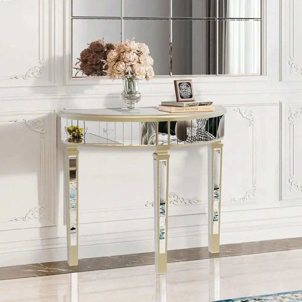 Ornate Half Moon Console Mirrored Table Furniture Entryway HD Glass Decor Table