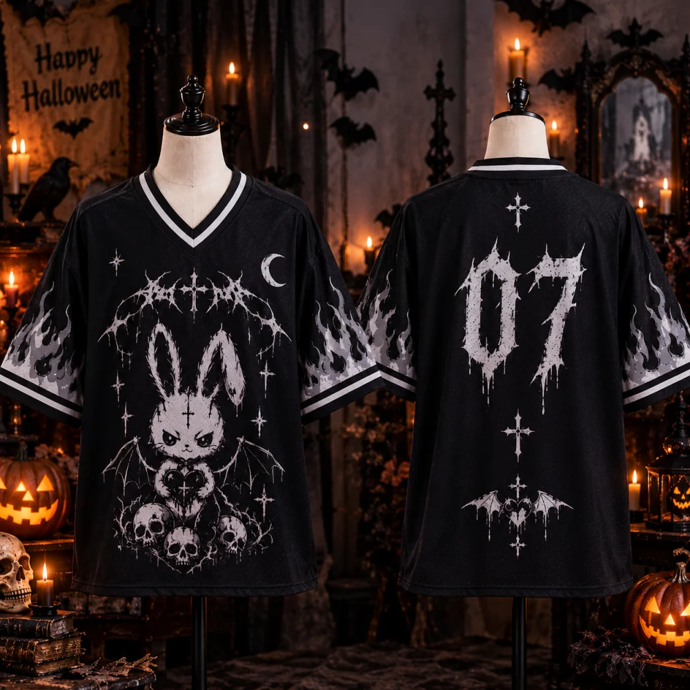 Halloween Stay Spooky Bat Bunny V-Neck Jersey, Front Back 07 Number Flame Print Oversized Punk Shirt for Men Women