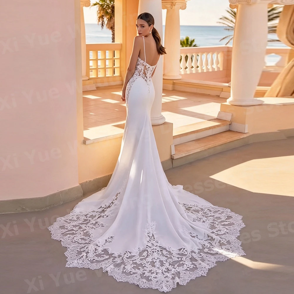 Charming Mermaid Women's Spaghetti Strap Lace Appliques Wedding Dresses Vestido De Novia Bride Gowns Customized Robe De Mariée