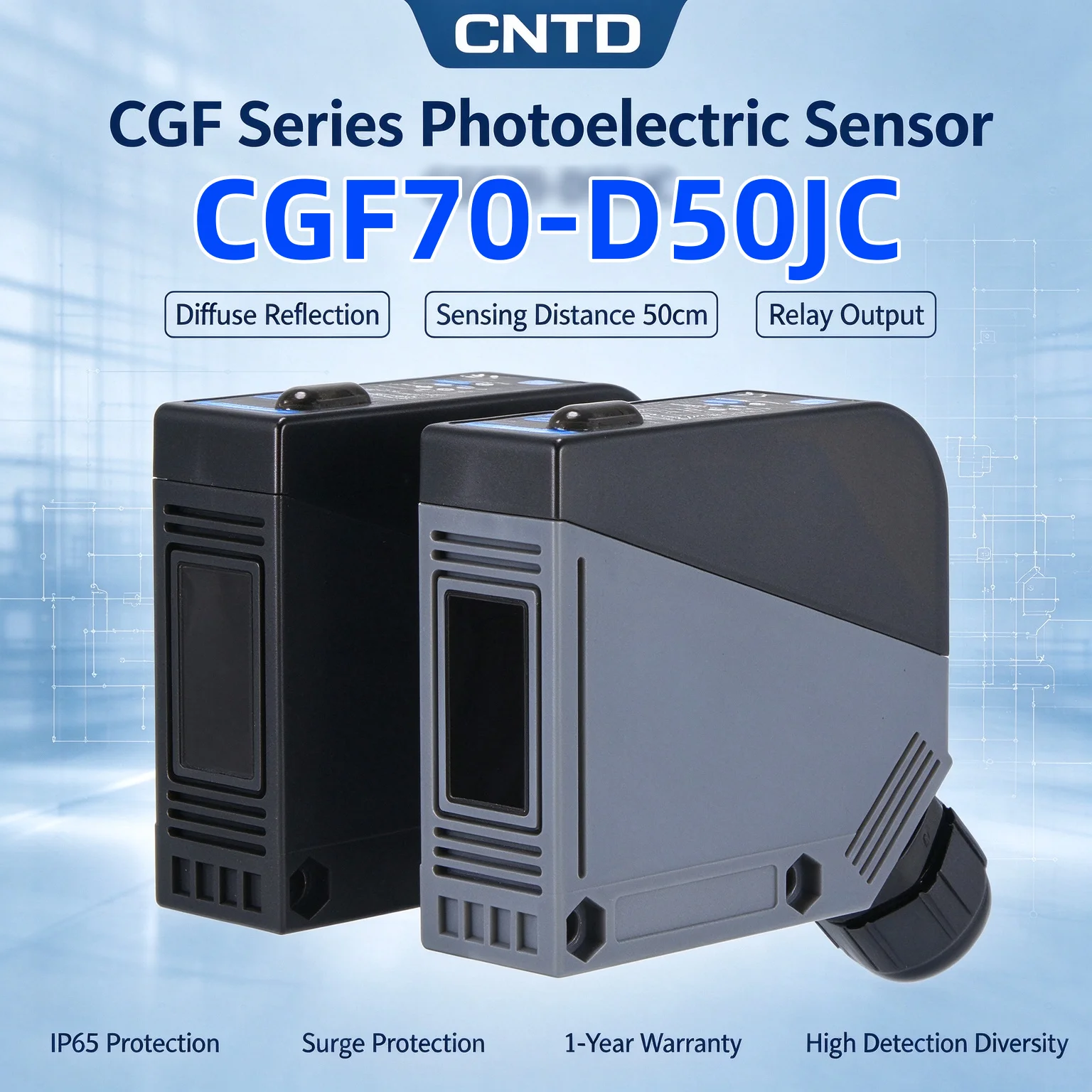 CNTD Diffuse Square Photoelectric Switch CGF70-D50JC, Sensor come with mounting bracket M70, NO+NC, AC DC sensing distance 50cm