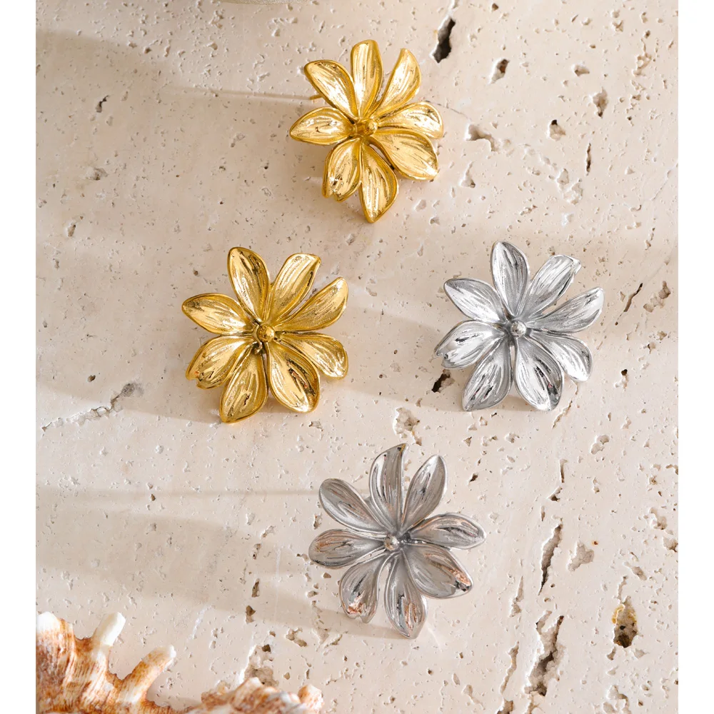 Yhpup Stainless Steel Metal Flower Stud Earrings Hot Style Summer Texture Attractive Gold Platinum Color Jewelry Gift Wholesale