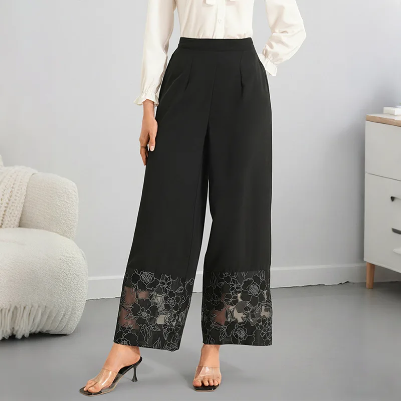 

2026 Spring and Summer Hot Selling New Solid Color Perspective Lace Splicing Straight Pants for Women
