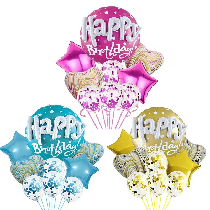 

22 Inch Circular Happy Birthday Letter Aluminum Film Balloon Set Love Heart Agate Sequin Balon Happy Birthday Party Decoration