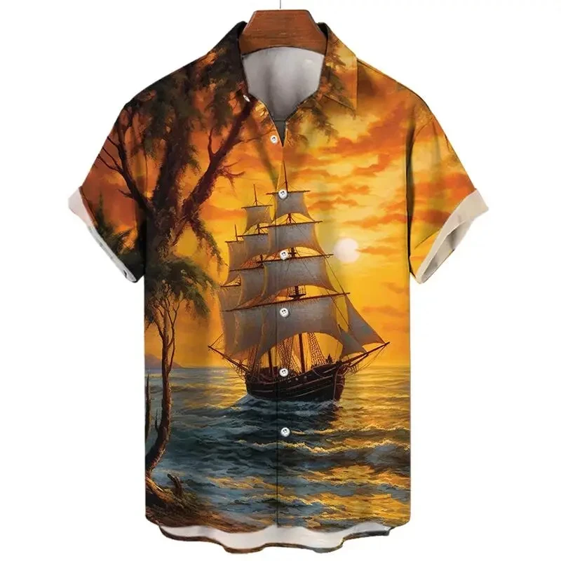 

New Sailboat 3D Print Mens Shirt Male Women Casual Fashion Short Sleeves Shirts Lapel Button Streetwear Oversized Men Clothes