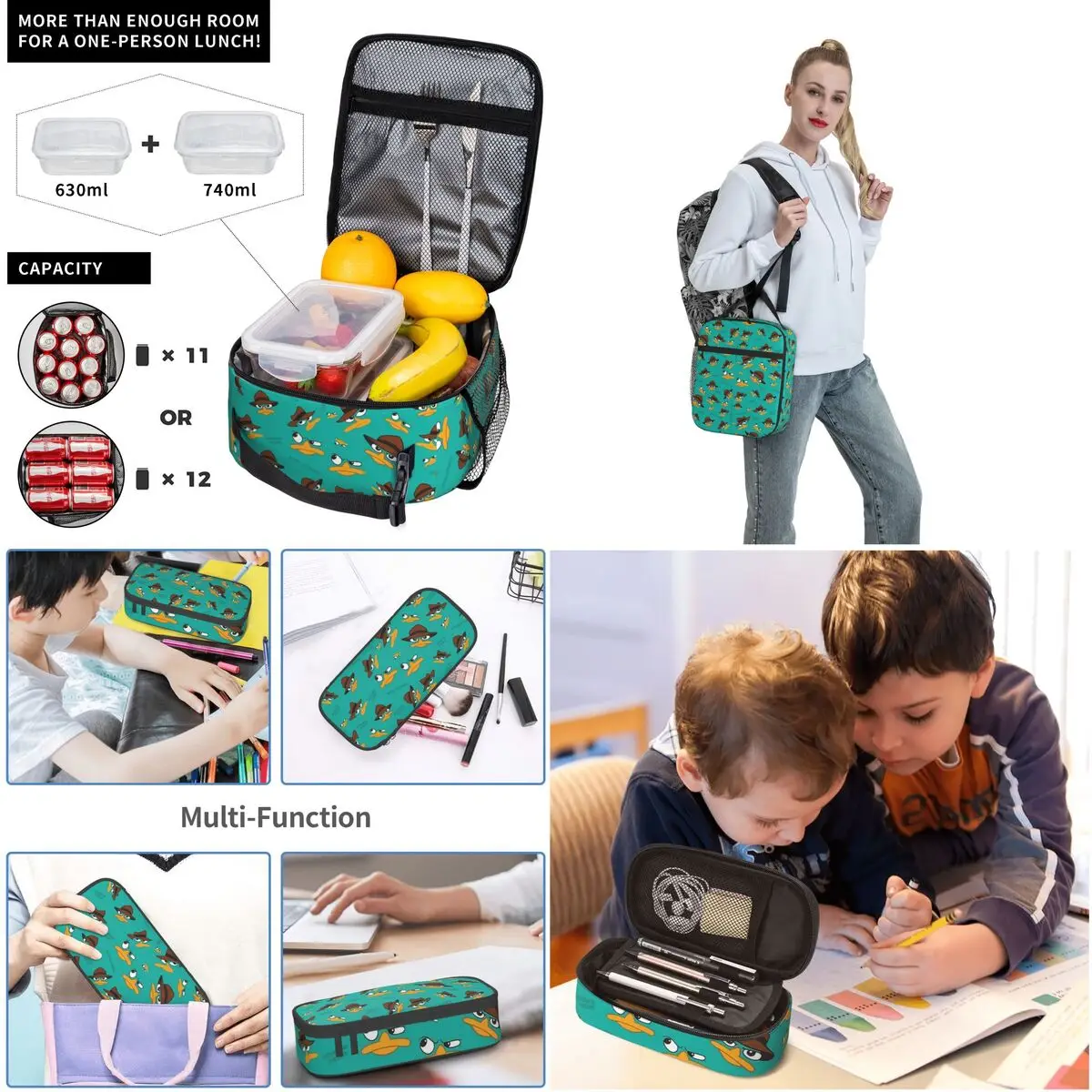 Perry The Platypus-mochilas escolares para niños y niñas, bolsa de almuerzo de dibujos animados, juego de tres piezas