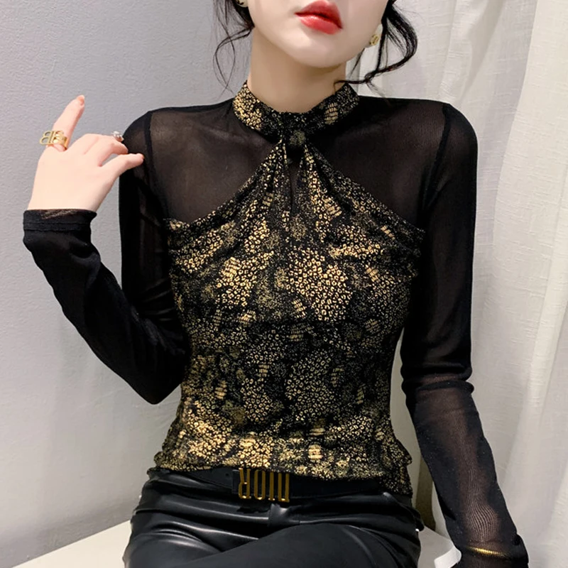 Autumn Streetwear T Shirt For Women Sexy Half High Collar Long sleeve Bottoming Shirt Gold stamping Patchwrok Mesh Tops