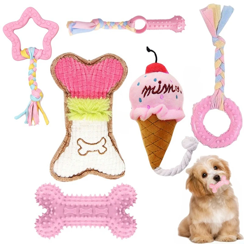 

6-piece Natural Rubber Puppy Chew Toy Set Cute Squeaky Teeth Grinding Rope Knot Plush Dog Interactive Toy Brinquedo Cachorro