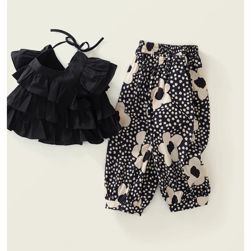 

Childrens Clothing Girl Summer Flying Sleeve Top 2025 New Korean Version Floral Pants Sweet Cute Gentle Two-piece Set