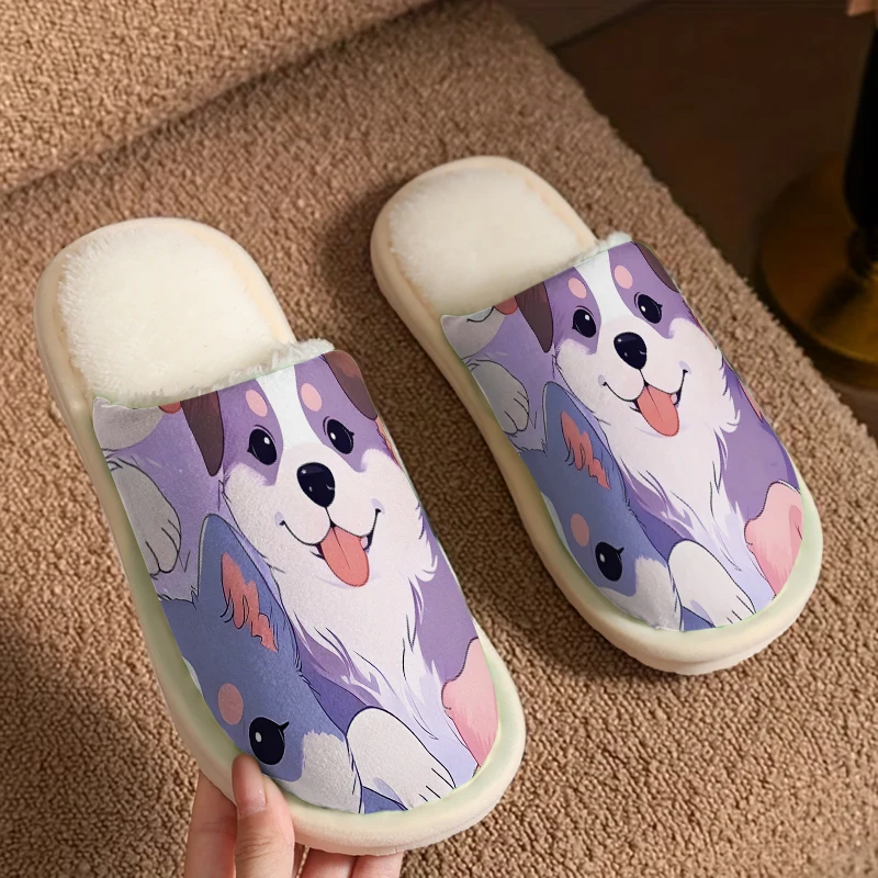 Cute Corgi Puppies Luxury Plush Slippers Men Women Winter Warm Indoor Home Shoes Soft and lightweight bedroom slippers