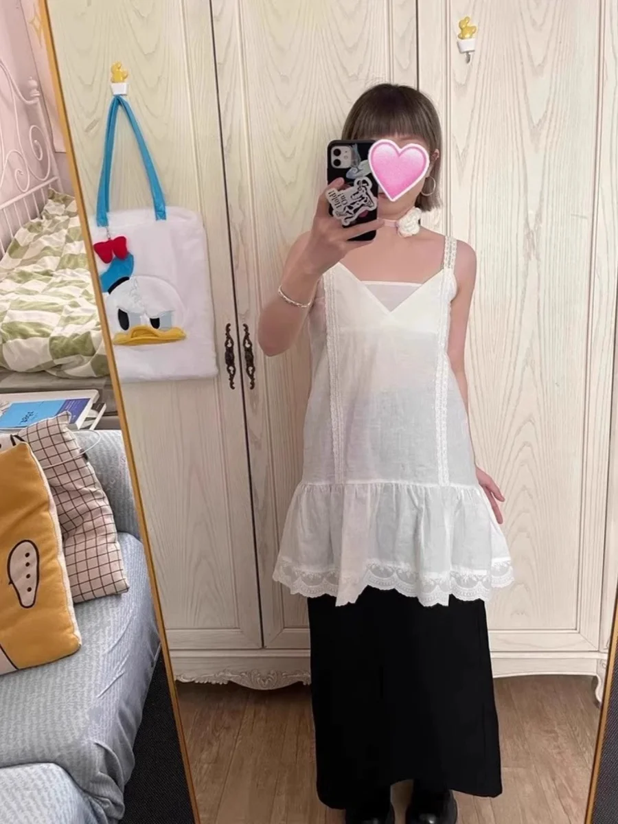 Original Lace Design Wide Width Splicing Hem Layered Wear Base Tank Dr Spring New Sle A-Line Skirt V-Ne High Waist