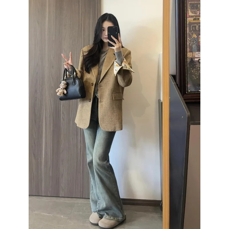 

Retro Korean Khaki Tweed Suit Jaet Women's Loose Casual Sle Autumn Winter High Quali Warm Long Sve Single Button E12383