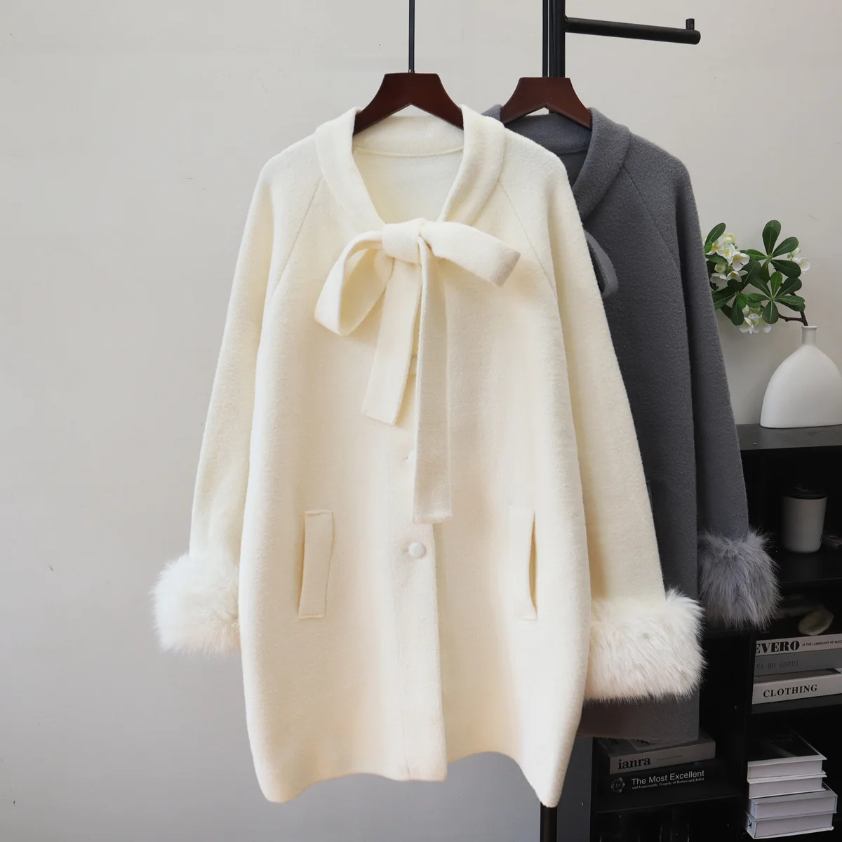 

Women Lace Up Cardigan Sweater Solid Coat Mid Lenth O Neck Long Sleeves Cuff Fur Single Breasted Loose Casual Autumn Winter 2025