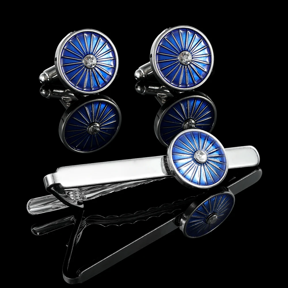 Funny Blue Sunshine Design Round Cufflinks&Tie Clip Set Mens Party Festival Jewelry Accessories
