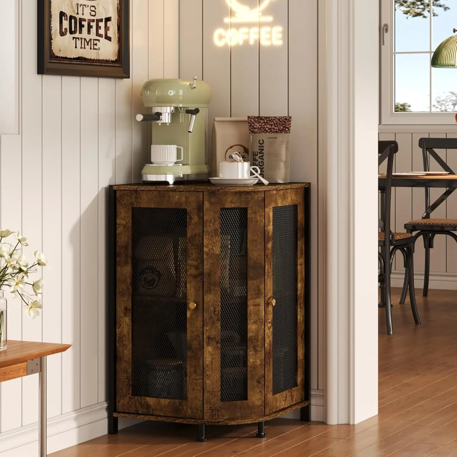 Coffee Bar Cabinet, 3-Tier Corner Coffee Cabinet with Storage Shelf & 18.7