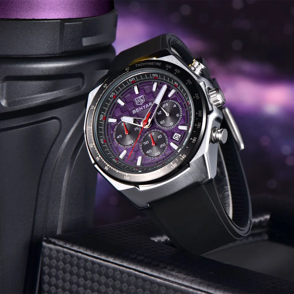 BENYAR 5215 ファッションクォーツ腕時計 メンズ 多機能 防水 シリコンストラップ カレンダー 夜光 スポーツ腕時計