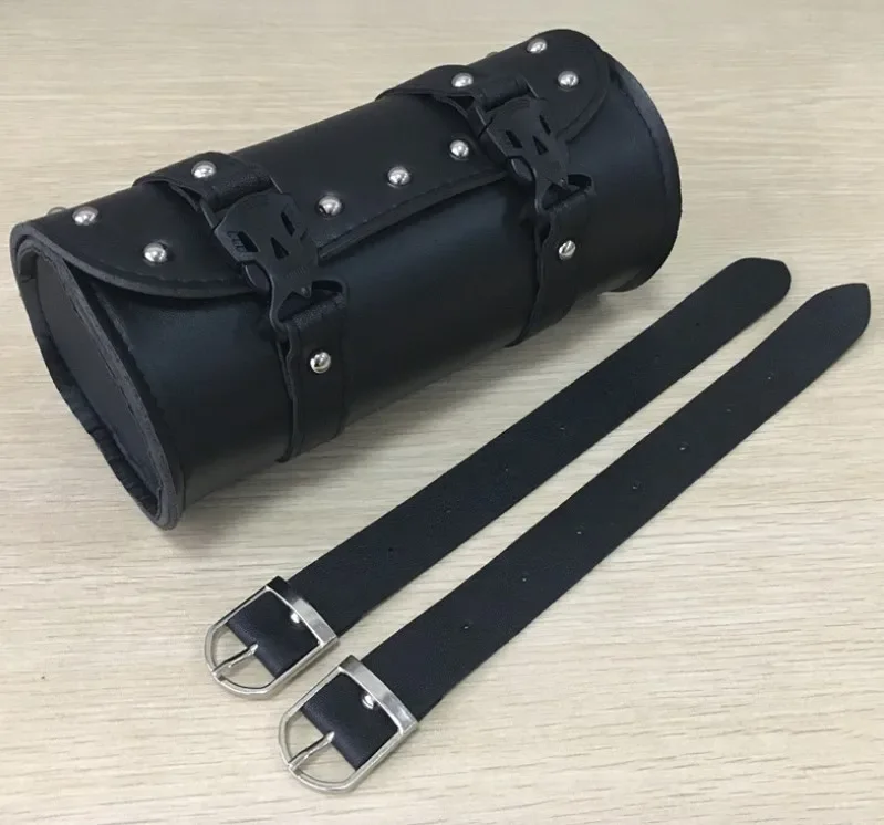 Motorcycle Saddlebag Mounting Straps PU Leather Black Motorcycle Front Fork Saddle Bag Handlebar Luggage Tool Bag 20.5*11cm