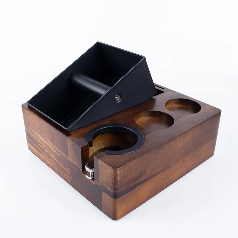 Black Walnut Wood Espresso Portafilter Holder Coffee Tamper Distributor Leveler Station Stainless Steel Coffee Grounds Knock Box