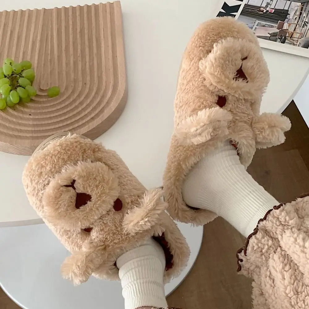 Fashion Winter Plush Dog Slippers Soft Thicken Warm Cartoon Furry Slippers Anti-slip Cute Home Cotton Shoes Women