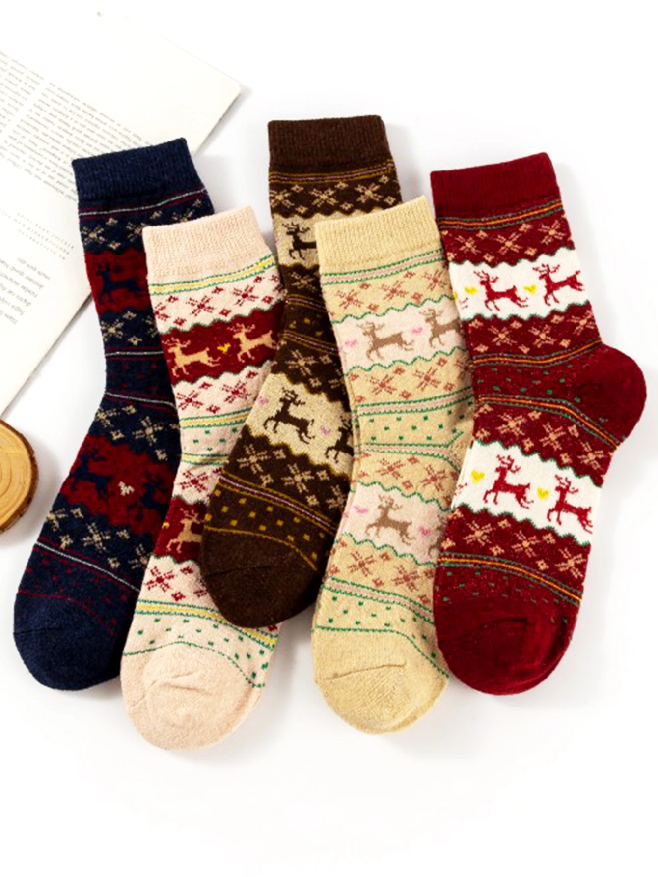 5 Paar süße Damen-Socken mit Hirschmuster, bedruckt, dick, mittellang, für Weihnachten, Winter, dicke und warme Bodensocken für Zuhause