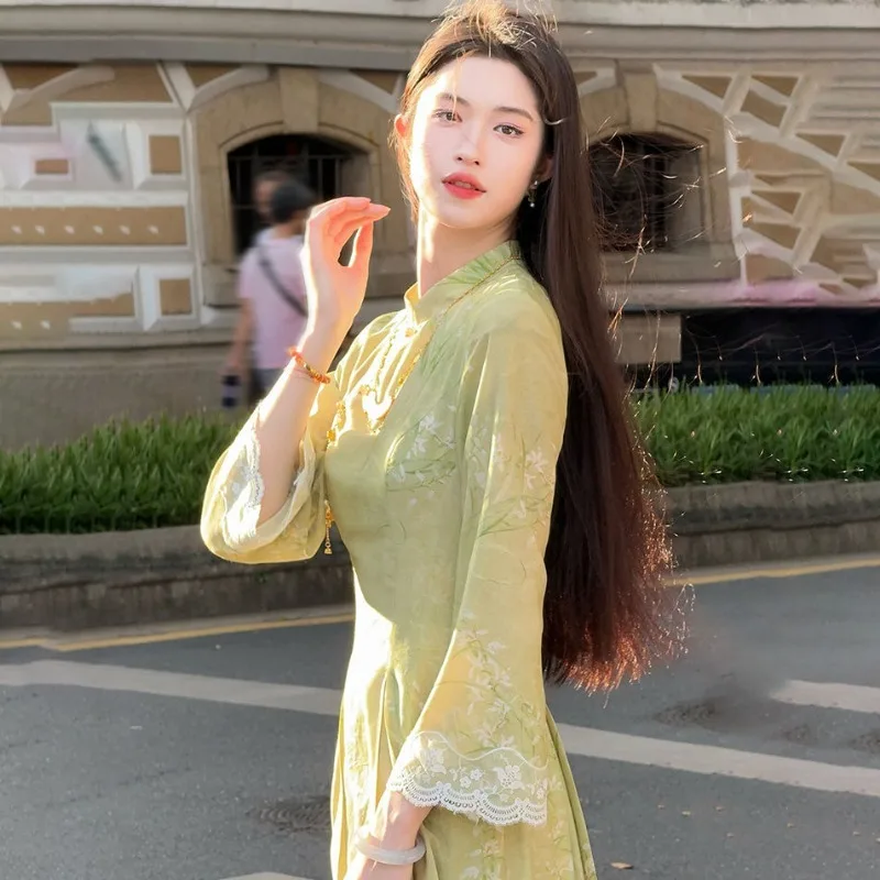 Gaun Cina, Qipao gaun wanita Cheongsam bercetak renda pakaian musim semi musim gugur Retro lengan panjang tradisional elegan