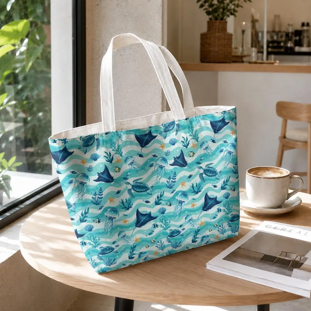 Ocean Shark Pattern Storage Bags 2-Piece Set Double-Sided Printed Canvas Tote Bags with Zipper Shopping Shoulder Handbags