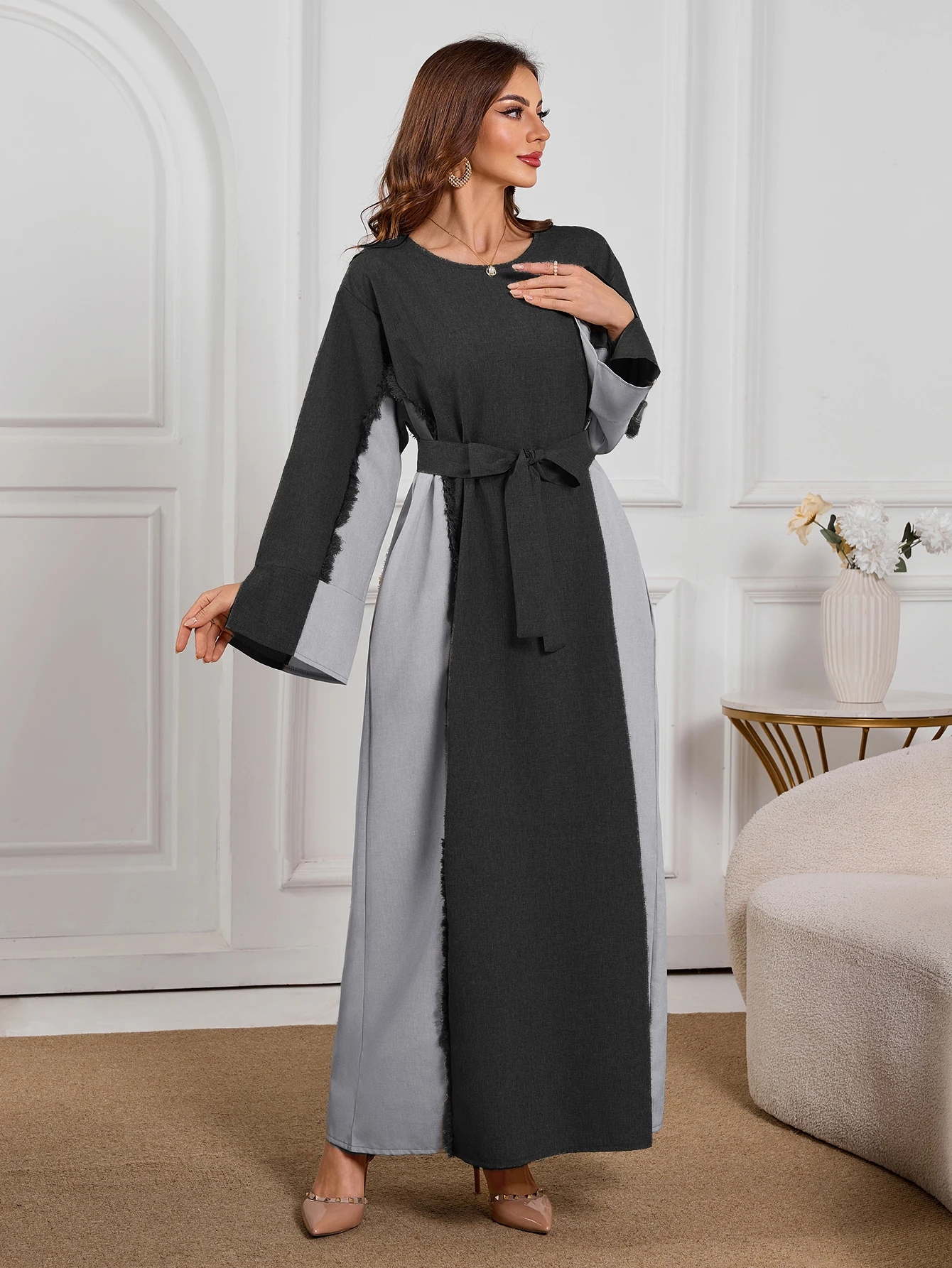 

Закрытый пояс Абая с потертостями, скромное мусульманское платье, исламская одежда, свободный контрастный кафтан Абая, кафтан, закрытый халат Абая