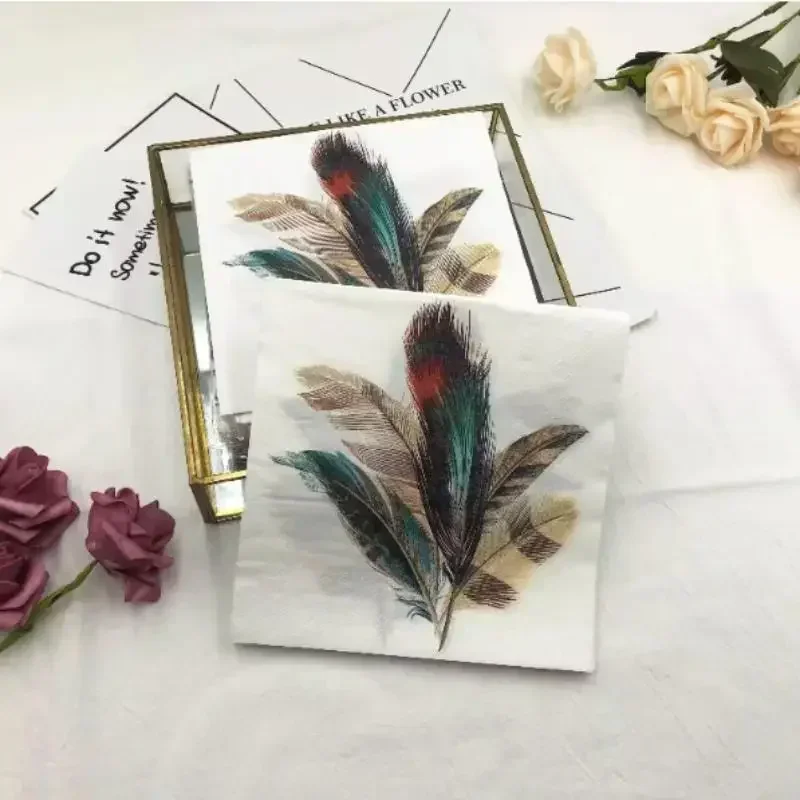 20pcs/pac Colourful Printed Napkin Feather Model Tissue Drawing Paper Restaurant Party Gathering Facial Tissue Mouth Cloth