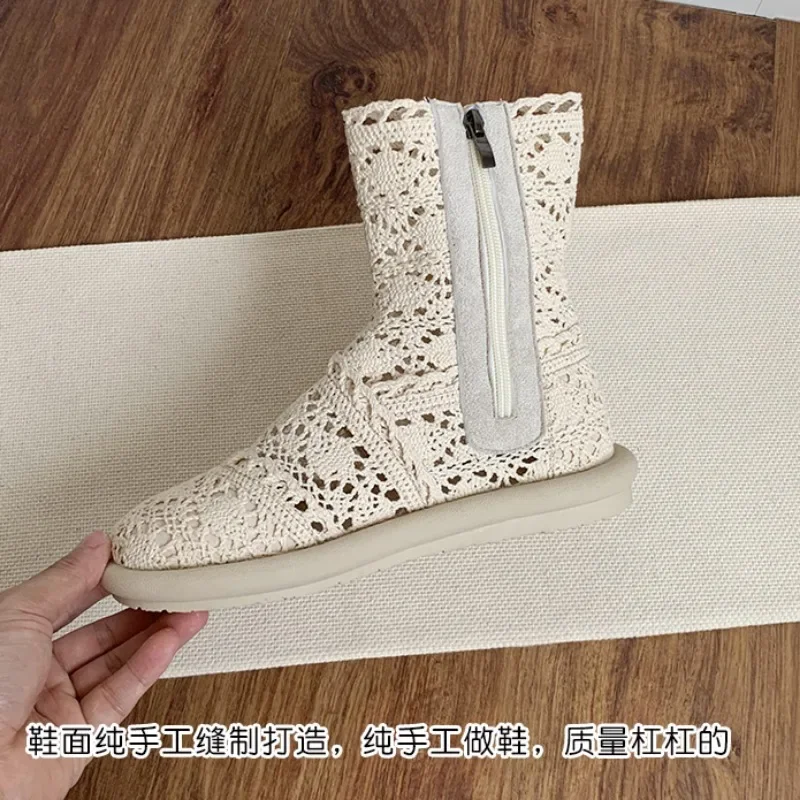 Imagen 6: 2025 zapatos de verano de malla transpirable, botas planas hechas a mano para mujer, botas blancas de marca de sastrería a la moda
