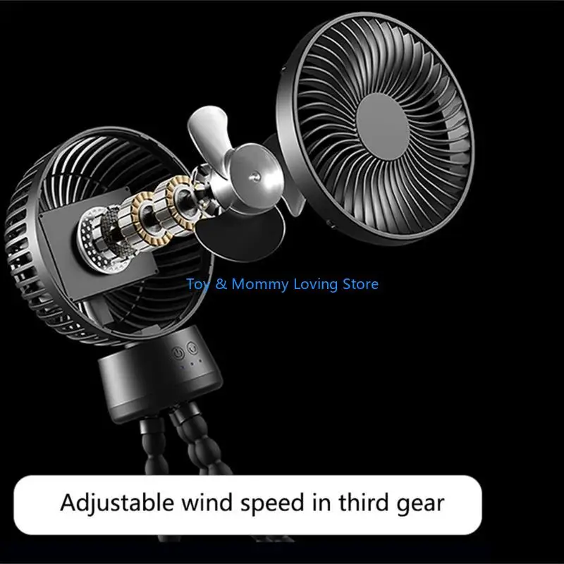 Y1QF مروحة عربة الأطفال المحمولة مروحة كهربائية صغيرة قابلة للفصل مع حامل ثلاثي مرن بإضاءة ليلية لمقعد السيارة أثناء التخييم