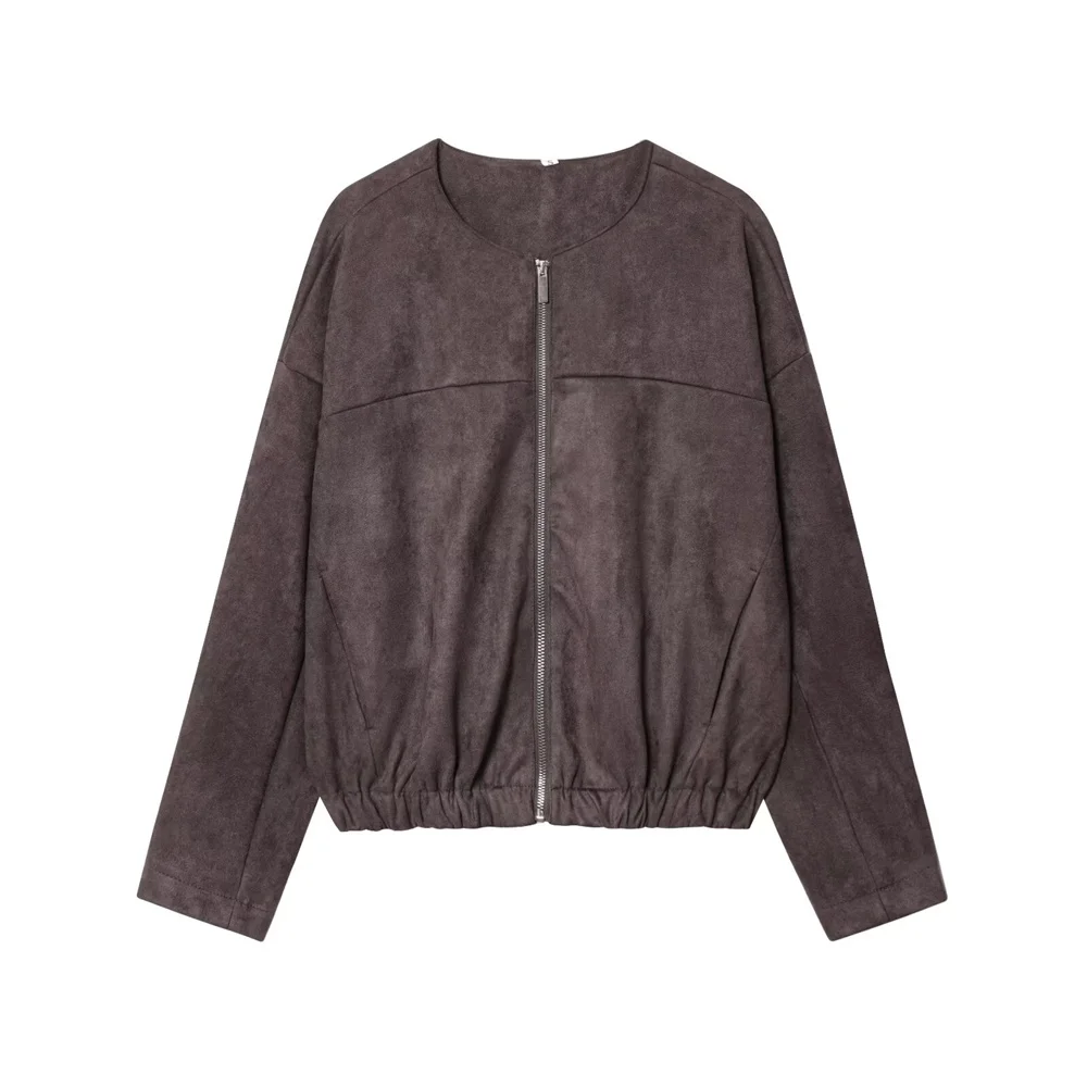 

BMURHMZA women's new casual versatile long sleeved round neck zipper suede effect jacket jacket