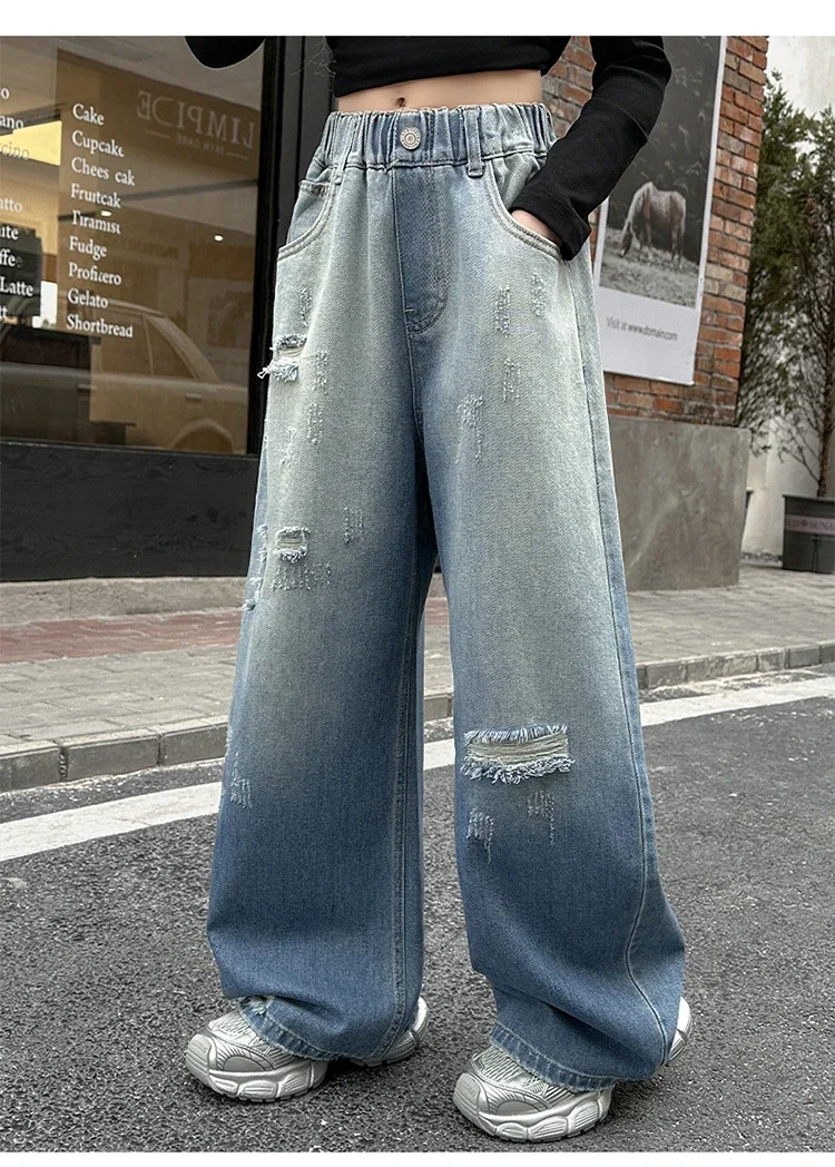 ZOETOPKID Mädchen Zerrissene Distressed Jeans Weite Hose mit Elastischem Bund Farbverlauf Denim-Hose für Kinder – Detail 11